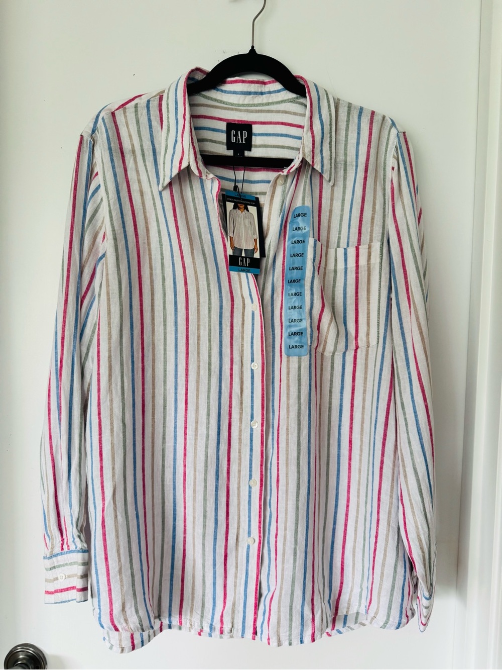 GAP White Button-Up Shirt with Pink, Blue & Green Stripes